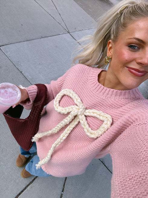 Ribbons & Lace Bow Sweater// Pink